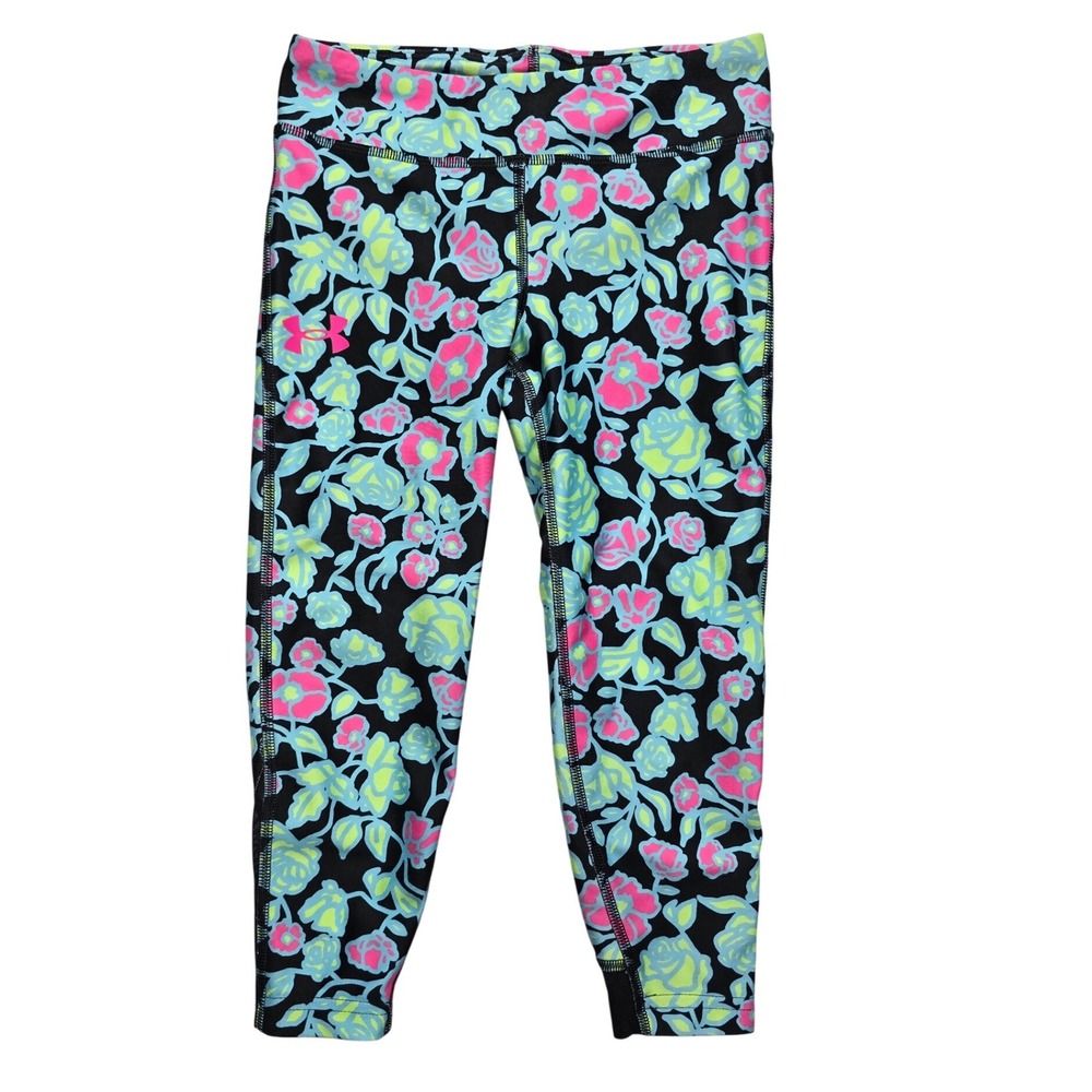 Under Armour Girls Floral HeatGear Ankle Leggings Black Pink Blue Size S(est)